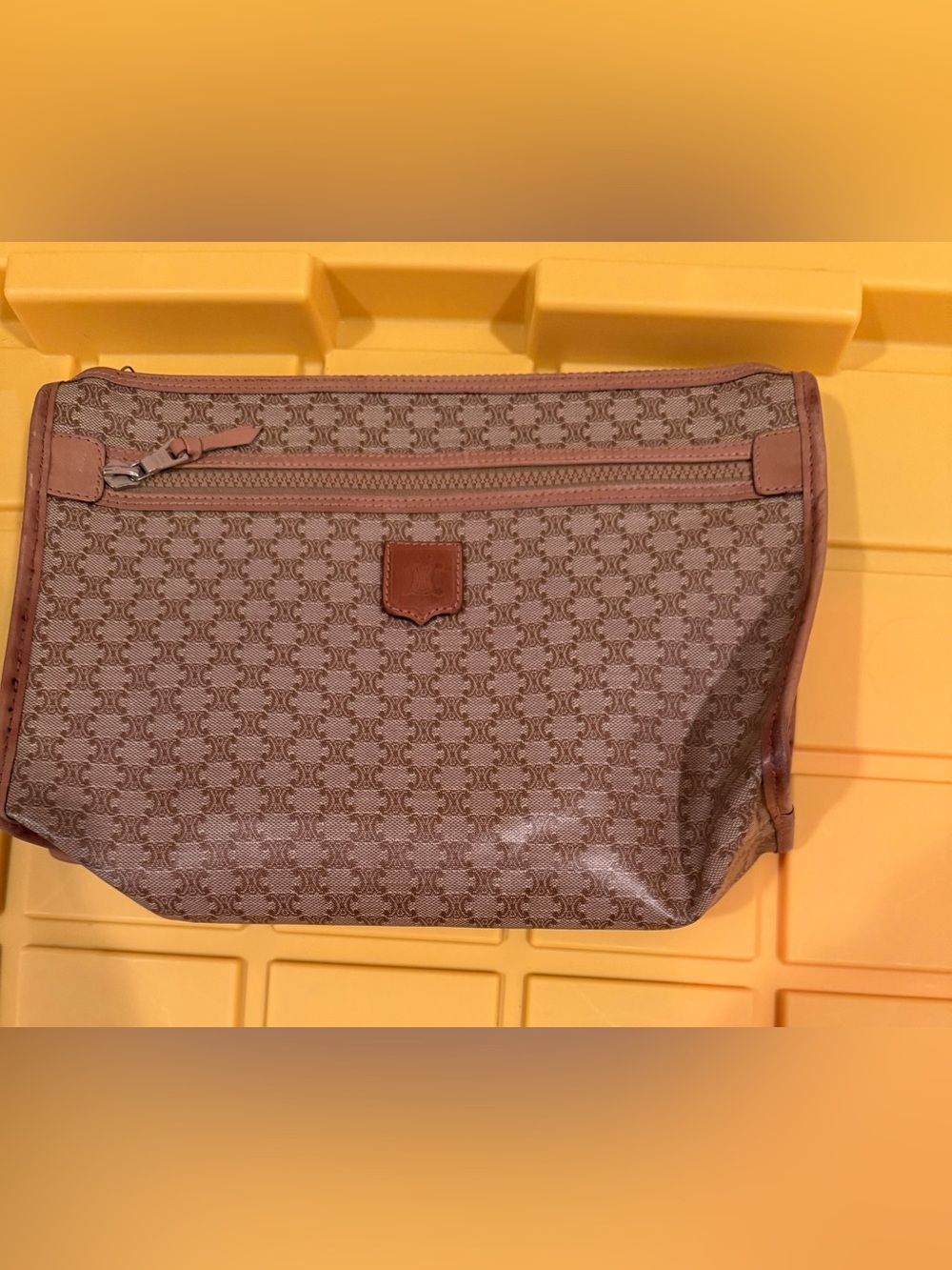 Vintage Celine Brown Large Monogram Cosmetic Pouch Bag COA